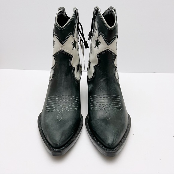 Zara Womens Black White Leather Stars Western Cowboy Boots EU 39 US 8 NEW - Picture 2 of 9